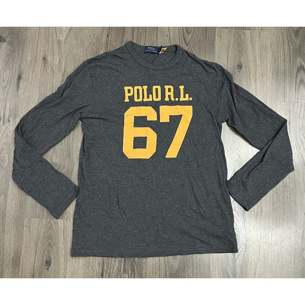 Polo Ralph Lauren Crew Neck Shirt Varsity RL 67 Long Sleeve T Shirt Gray Small